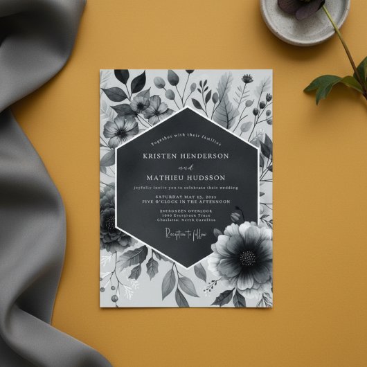 Slate Gray Botanical Bloom Wedding Kaart