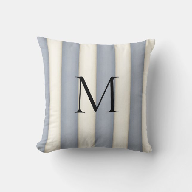 Slate Grey & Antiek Witte Strepen Monogrammed Kussen (Voorkant)