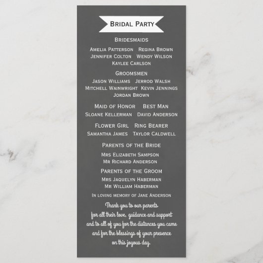 Slate Grey Chalk Style Flat Wedding Program Programmakaart (Achterkant)