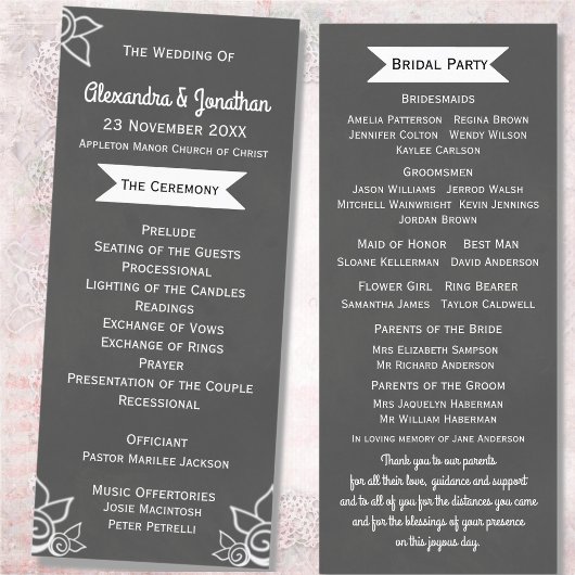 Slate Grey Chalk Style Flat Wedding Program Programmakaart