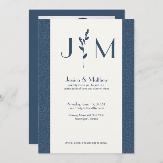 Slate Grey rustieke Damask All-in-One bruiloft Kaart (Voorkant / Achterkant)