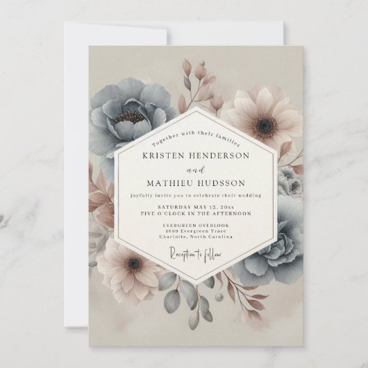 Slate Hazy Floral Wedding Kaart (Voorkant)
