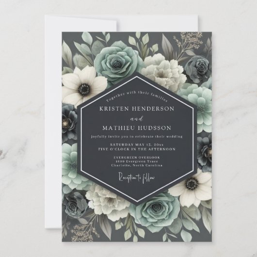 Slate & Ivory Romantische Bloemige Bruiloft Kaart (Voorkant)