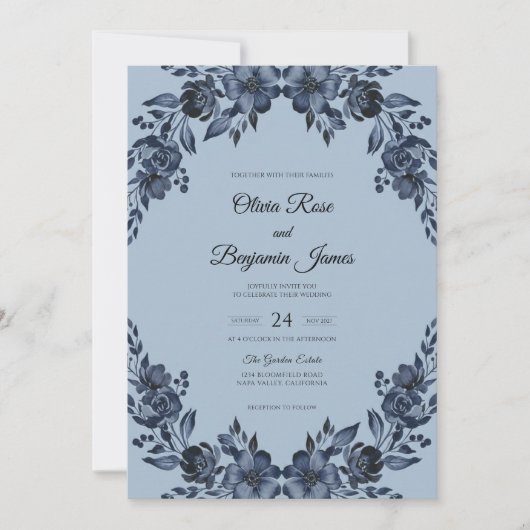 Slate Navy Bloom Bruiloft Kaart (Voorkant)