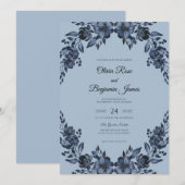 Slate Navy Bloom Bruiloft Kaart (Voorkant / Achterkant)