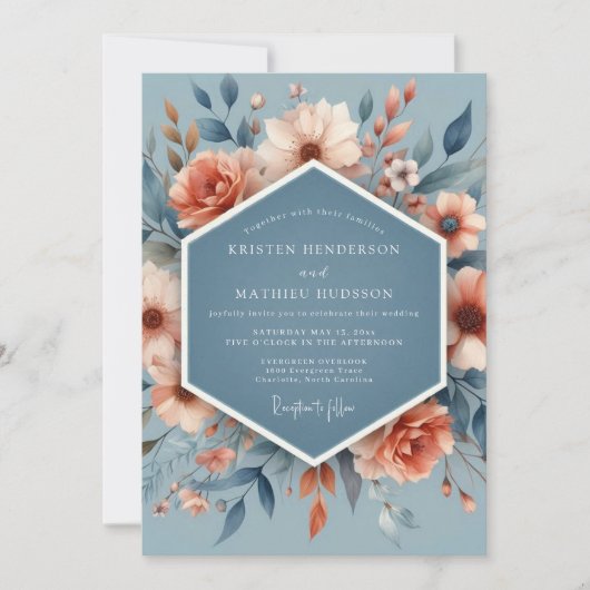 Slate Peach Poetic Flora Wedding Kaart (Voorkant)