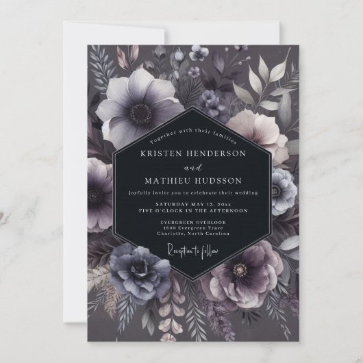 Slate Purple Floral Moody Wedding Kaart (Voorkant)