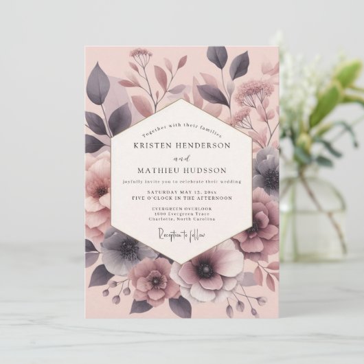Slate Rose Painterly Bloom Wedding Kaart (Staand voorkant)