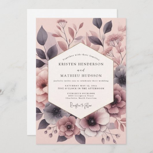 Slate Rose Painterly Bloom Wedding Kaart (Voorkant / Achterkant)