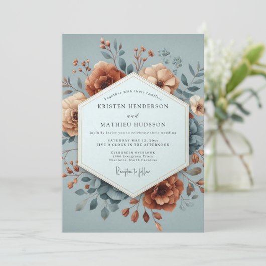 Slate & Sienna Artistic Bloom Wedding Kaart (Staand voorkant)