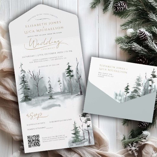 Slate Winter Landschap Woodland Wedding QR Code All In One Uitnodiging