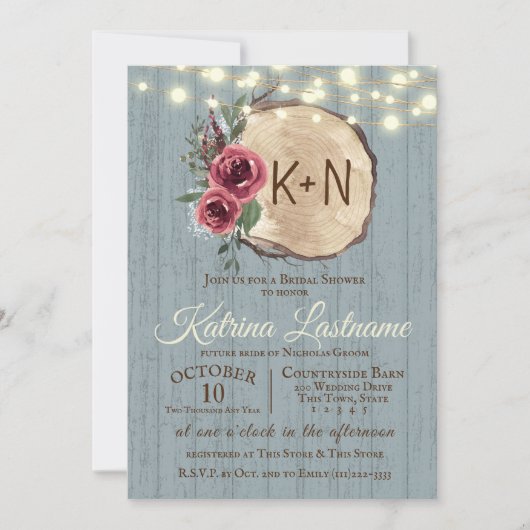 Slate Wood Tree Slice Rustic String Lights Huwelij Kaart (Voorkant)