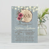 Slate Wood Tree Slice Rustic String Lights Huwelij Kaart (Staand voorkant)