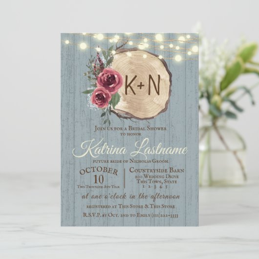 Slate Wood Tree Slice Rustic String Lights Huwelij Kaart (Staand voorkant)