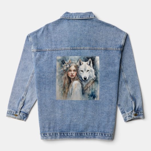Slavisch meisje en witte wolf denim jacket (Achterkant)