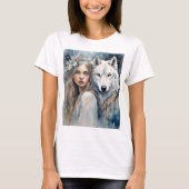 Slavisch meisje en witte wolf t-shirt (Voorkant)