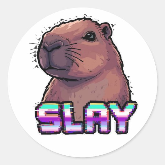 Slay Capybara Funny Animal Meme Ronde Sticker (Voorkant)