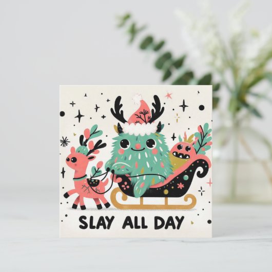 Slay de hele dag Santa sleigh Feestdagenkaart (Staand voorkant)