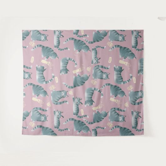 Slecht grijs tabby katten kloppen spullen over pat wandkleed (Voorkant (horizontaal))