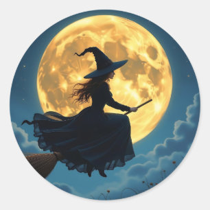 Slecht Halloween Heks op bezem met volle maan Ronde Sticker
