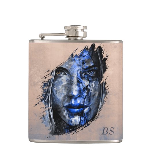 Slecht meisje roestig Rose Goud Blauw monogram Heupfles (Voorkant)