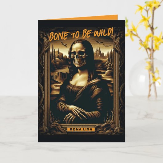 Slecht voor het bot Mona Lisa skelet Halloween Kaart (Gele Bloem)