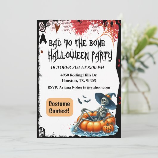 Slecht voor het bot skelet Halloween uitnodiging (Staand voorkant)