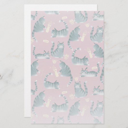 Slechte Grijze Tabby Katten Knocking Stuff Over Briefpapier (Voorkant / Achterkant)