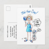 Slechte haardag, blauwe jurk, bezorgde uitdrukking briefkaart (Voorkant / Achterkant)