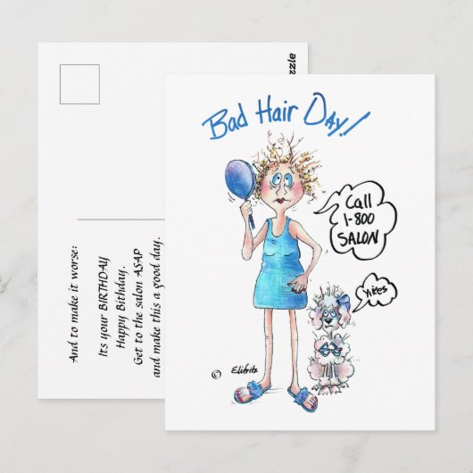 Slechte haardag, blauwe jurk, bezorgde uitdrukking briefkaart (Voorkant / Achterkant)