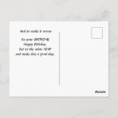 Slechte haardag, blauwe jurk, bezorgde uitdrukking briefkaart (Achterkant)