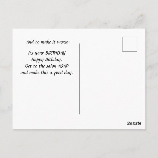 Slechte haardag, blauwe jurk, bezorgde uitdrukking briefkaart (Achterkant)