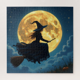 Slechte Halloween Heks op bezem met volle maan Legpuzzel