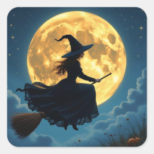 Slechte Halloween   Heks op bezem met volle maan Vierkante Sticker