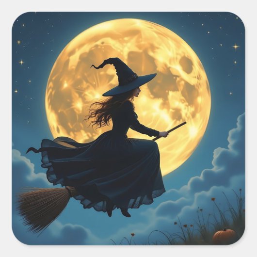 Slechte Halloween | Heks op bezem met volle maan Vierkante Sticker (Voorkant)