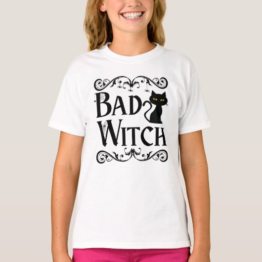 slechte heks zwarte kat zwart en wit Halloween T-shirt (Voorkant)