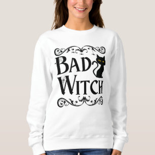 slechte heks zwarte kat zwart en wit Halloween Trui