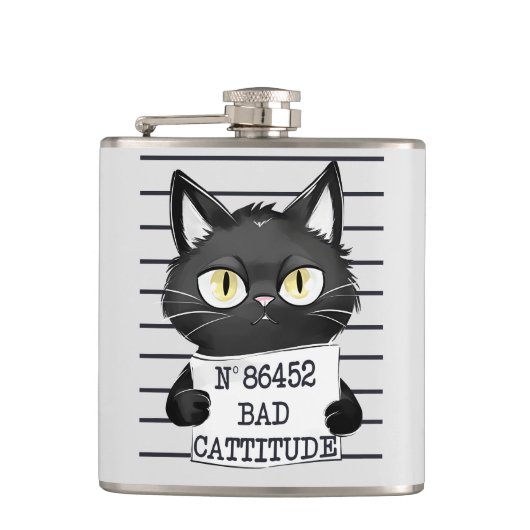 Slechte houding - Black Cat Mugshot Heupfles (Voorkant)