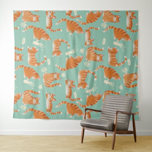 Slechte Oranje Tabby Cats die dingen omver gooien Wandkleed (In Situ (horizontaal))