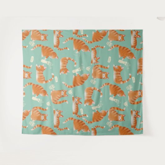 Slechte Oranje Tabby Cats die dingen omver gooien Wandkleed (Voorkant (horizontaal))