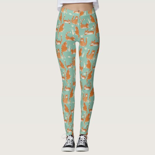 Slechte Oranje Tabby Cats kloppen spul over patroo Leggings (Voorkant)