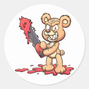 Slechte teddybeer met een kettingzaag en een gliml ronde sticker