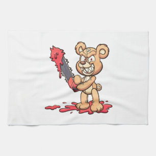 Slechte teddybeer met een kettingzaag en een gliml theedoek