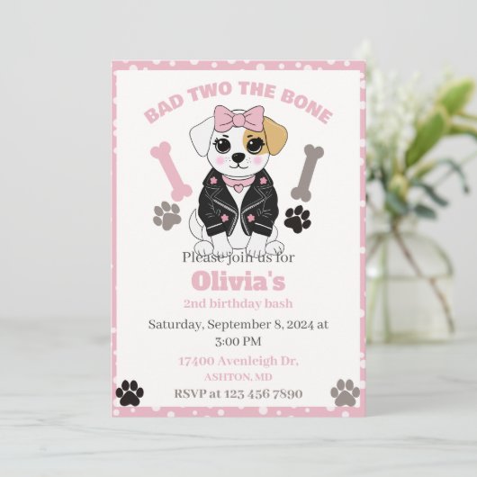Slechte twee de bot hond uitnodiging, puppy feest kaart (Staand voorkant)