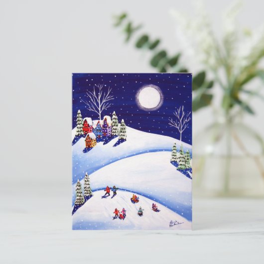 Sled Riders onder Moon Winter Folk Art Post Kards Briefkaart (Staand voorkant)