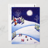 Sled Riders onder Moon Winter Folk Art Post Kards Briefkaart (Voorkant / Achterkant)