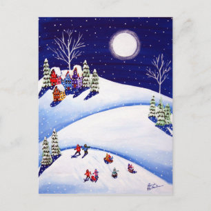Sled Riders onder Moon Winter Folk Art Post Kards Briefkaart