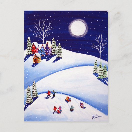 Sled Riders onder Moon Winter Folk Art Post Kards Briefkaart (Voorkant)