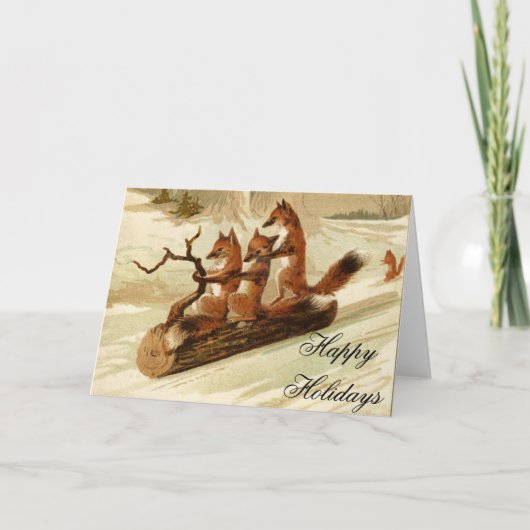 Sledding Foxes Vintage Kerst Kaart (Voorkant)