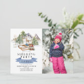 Sledding Party Winter Bergen Verjaardag Foto Kaart (Staand voorkant)
